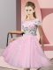 Baby Pink Tulle Lace Up Wedding Party Dress Short Sleeves Knee Length Appliques