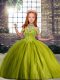 Olive Green Tulle Lace Up High-neck Sleeveless Floor Length Little Girl Pageant Gowns Beading