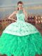 Lace Up Ball Gown Prom Dress Turquoise for Sweet 16 and Quinceanera with Embroidery and Ruffles Court Train