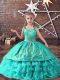 Turquoise Sleeveless Floor Length Embroidery and Ruffled Layers Lace Up Kids Formal Wear
