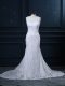 Chic White Mermaid Scoop Sleeveless Lace Brush Train Backless Lace Bridal Gown