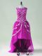 Fantastic Sleeveless High Low Beading and Appliques Zipper Prom Gown with Fuchsia