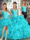 Affordable Aqua Blue Off The Shoulder Lace Up Beading and Ruffles Quinceanera Gown Sleeveless
