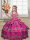 Sleeveless Satin Floor Length Lace Up Kids Pageant Dress in Fuchsia with Embroidery and Ruffled Layers