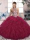 Eye-catching Burgundy Quince Ball Gowns Military Ball and Sweet 16 and Quinceanera with Beading and Ruffles Halter Top Sleeveless Lace Up