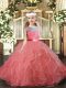 Ball Gowns Kids Pageant Dress Watermelon Red Scoop Tulle Sleeveless Floor Length Backless