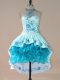 Satin and Organza High-neck Sleeveless Lace Up Embroidery and Ruffles Party Dress for Toddlers in Aqua Blue