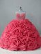 High Class Coral Red Quinceanera Gown Fabric With Rolling Flowers Brush Train Sleeveless Beading