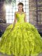 Extravagant Yellow Green Ball Gowns Off The Shoulder Sleeveless Organza Brush Train Lace Up Beading and Ruffles Quince Ball Gowns