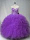 Great Purple Tulle Lace Up Quinceanera Gown Sleeveless Floor Length Beading and Ruffles