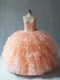Sleeveless Floor Length Beading and Ruffles Lace Up Sweet 16 Dresses with Peach