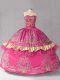 Deluxe Satin and Organza Sweetheart Sleeveless Lace Up Embroidery Vestidos de Quinceanera in Hot Pink