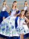 Blue And White Ball Gowns Off The Shoulder Sleeveless Satin Floor Length Lace Up Embroidery and Ruffles Sweet 16 Dress