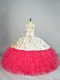 Custom Designed Embroidery and Ruffles Quinceanera Gown White And Red Lace Up Sleeveless Floor Length
