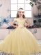 Modern Champagne Lace Up Little Girl Pageant Dress Lace and Belt Sleeveless Floor Length