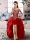 High Quality Red A-line Organza Scoop Sleeveless Beading and Ruffles High Low Zipper Prom Dresses