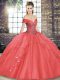 Adorable Tulle Off The Shoulder Sleeveless Lace Up Beading and Ruffles Sweet 16 Dresses in Watermelon Red