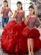 Red Sleeveless Beading and Ruffles Floor Length 15th Birthday Dress