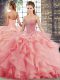 Affordable Sweetheart Sleeveless Tulle Quinceanera Gown Beading and Ruffles Brush Train Lace Up