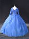 High Quality Blue Ball Gowns V-neck Long Sleeves Tulle Floor Length Lace Up Lace and Appliques Vestidos de Quinceanera