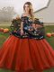 Rust Red Tulle Lace Up Off The Shoulder Sleeveless Floor Length 15th Birthday Dress Embroidery