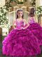 Fantastic Floor Length Fuchsia Little Girl Pageant Gowns Organza Sleeveless Beading and Ruffles