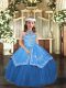 Floor Length Lace Up Little Girl Pageant Dress Blue for Party and Wedding Party with Embroidery