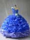 Blue Ball Gowns Organza One Shoulder Sleeveless Pick Ups and Hand Made Flower Floor Length Lace Up Vestidos de Quinceanera