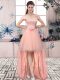 Pink Short Sleeves Tulle Lace Up Cocktail Dress for Prom and Party