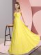 Yellow Empire Ruching Formal Evening Gowns Lace Up Chiffon Sleeveless Floor Length