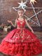Red Little Girl Pageant Dress Wedding Party with Embroidery and Ruffled Layers Straps Sleeveless Lace Up