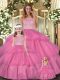 Charming Hot Pink Sleeveless Floor Length Lace and Ruffled Layers Zipper Quince Ball Gowns