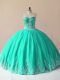Turquoise Sleeveless Floor Length Embroidery Lace Up Quinceanera Gowns