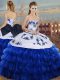 Royal Blue Sleeveless Embroidery and Ruffled Layers and Bowknot Floor Length Sweet 16 Dress