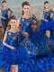 New Style Royal Blue Lace Up Quince Ball Gowns Embroidery and Ruffled Layers Sleeveless Floor Length