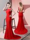 Red Mermaid High-neck Short Sleeves Elastic Woven Satin Brush Train Backless Beading Prom Gown