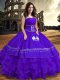 Delicate Purple Satin and Organza Lace Up Strapless Sleeveless Floor Length Quinceanera Dress Embroidery and Ruffles