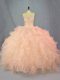 Sumptuous Sleeveless Organza Floor Length Lace Up Sweet 16 Quinceanera Dress in Peach with Beading and Ruffles