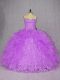 Purple Ball Gowns Sweetheart Sleeveless Organza Floor Length Lace Up Appliques and Ruffles Ball Gown Prom Dress