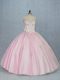 Baby Pink Sleeveless Tulle Backless Quince Ball Gowns for Sweet 16 and Quinceanera