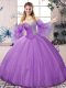 Eye-catching Lavender Ball Gowns Tulle Sweetheart Long Sleeves Beading Floor Length Lace Up Sweet 16 Dress