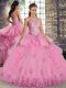 Dramatic Rose Pink Sleeveless Tulle Lace Up Quinceanera Dress for Military Ball and Sweet 16 and Quinceanera