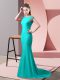Turquoise Backless High-neck Beading Going Out Dresses Elastic Woven Satin Short Sleeves Brush Train