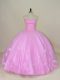 Lilac Ball Gowns Beading and Hand Made Flower Sweet 16 Quinceanera Dress Lace Up Tulle Sleeveless Floor Length