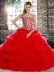 New Arrival Red Lace Up Sweet 16 Dress Beading and Pick Ups Sleeveless Brush Train