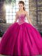 Eye-catching Sleeveless Beading Lace Up Ball Gown Prom Dress with Fuchsia Brush Train