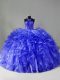 Blue Zipper 15th Birthday Dress Beading and Ruffles Sleeveless Brush Train