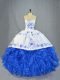 Pretty Blue And White Sweet 16 Dress Sweet 16 and Quinceanera with Beading and Embroidery and Ruffles Sweetheart Sleeveless Brush Train Lace Up