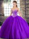 Spectacular Purple Sweetheart Lace Up Beading Quinceanera Gowns Brush Train Sleeveless