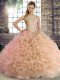 Fancy Ball Gowns Quinceanera Gown Peach Scoop Fabric With Rolling Flowers Sleeveless Floor Length Lace Up